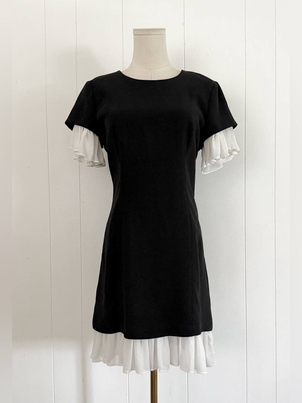 Cinq A Sept Rosaria Chiffon Ruffle Hem Sleeve Mini Dress Size 6 Black Ivory - Picture 3 of 9